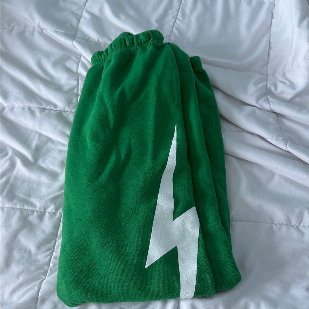 Aviator Nation Green Track Pants with White Lightning Bolt